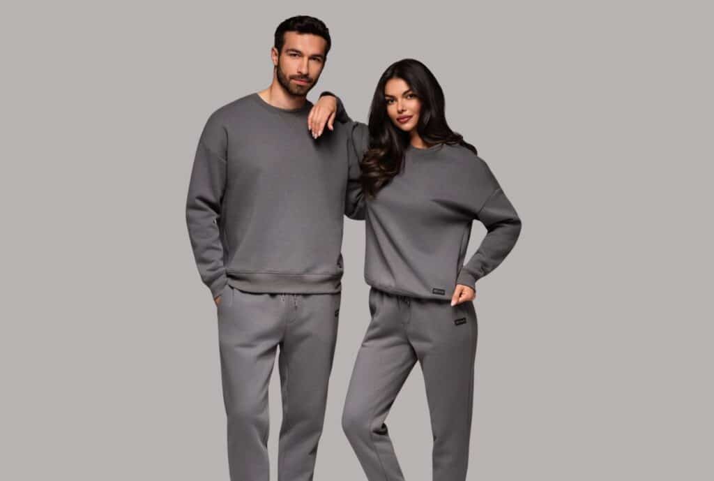 "Wholesale sweatsuits from a USA-based manufacturer, featuring coordinated hoodies and joggers in neutral colors."
