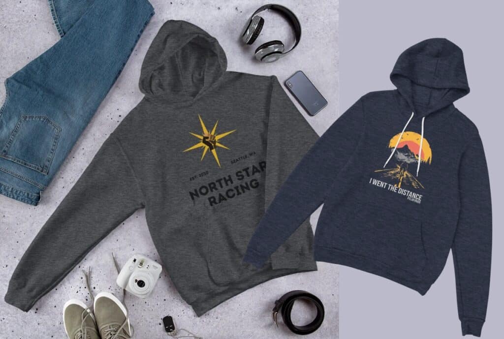 A stylish luxury hoodie from Fashion Soul International displayed on a mannequin in a bright, modern showroom, with brand signage and premium fabric textures visible.