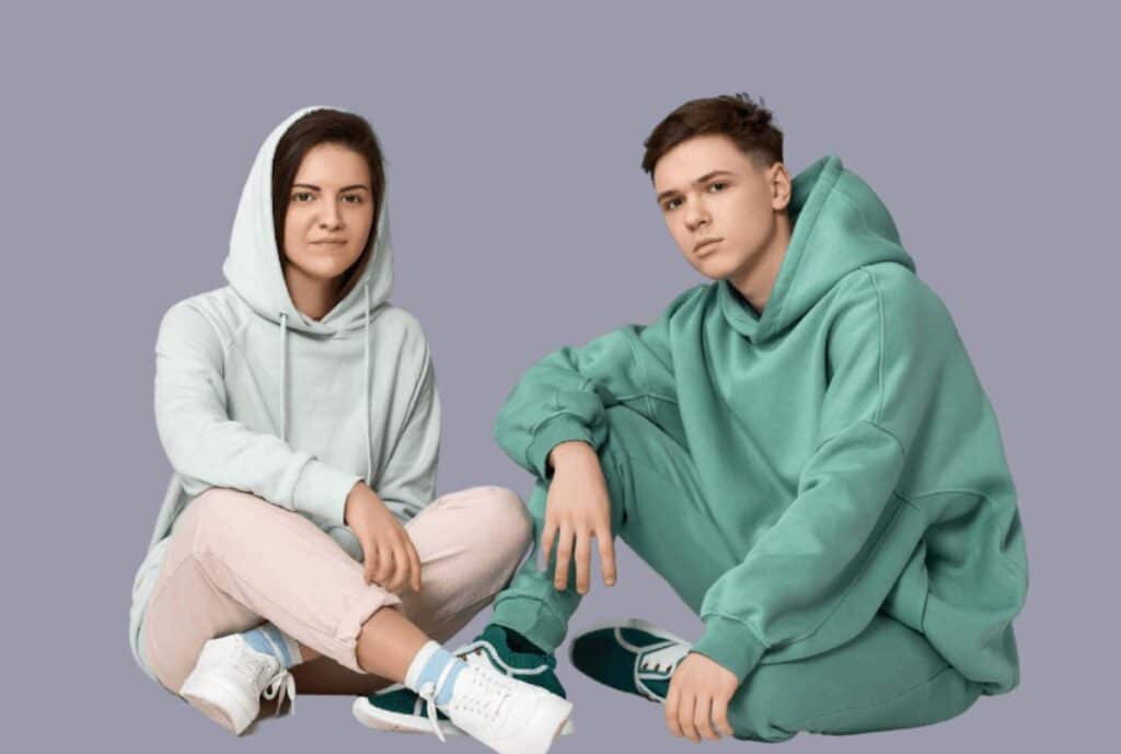 If the image shows branding or customization: "Close-up of a sweatsuit with premium stitching and a customizable label patch indicating private-label branding."