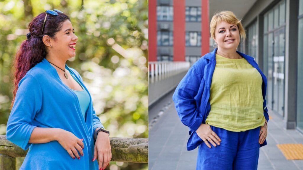 Curvy women in blue plus size outfits, one wearing a jacket, the other in a blue and yellow combo