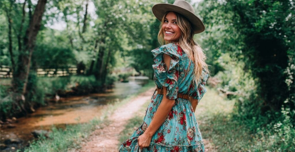 Happy woman wearing a blue floral casual midi dress and hat near a forest stream.