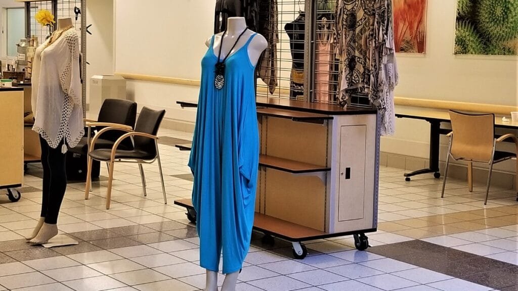 Dress Medium Size displayed in store showcasing a stylish blue gown