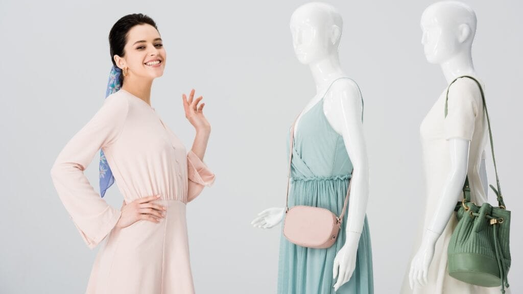 Model wearing a medium size dress, demonstrating a casual yet elegant look