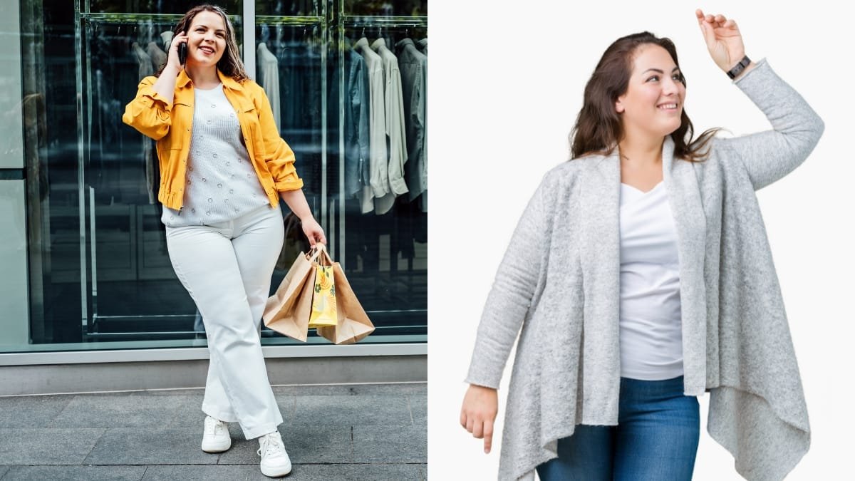 A confident plus-size woman holding shopping bags in front of a boutique window, representing a successful plus-size clothing sale