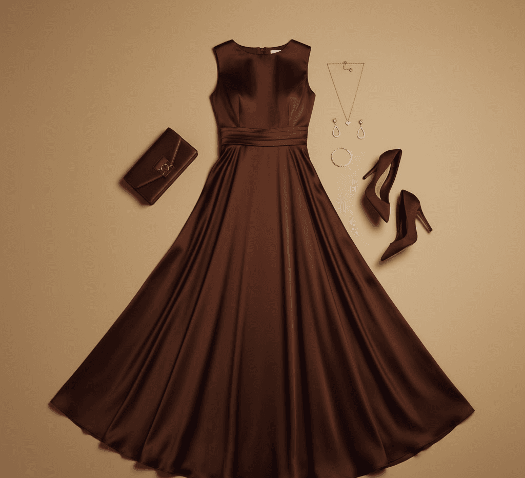 Brown evening dress arranged with clutch and heels on flat surface