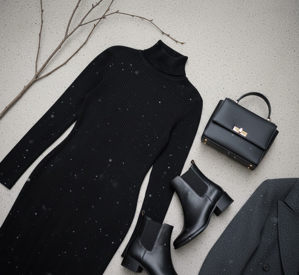 Close-up knit texture of black turtleneck dress with accessories