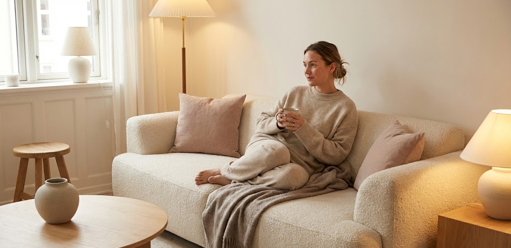 Woman in relaxed loungewear sitting comfortably in a minimalist living room