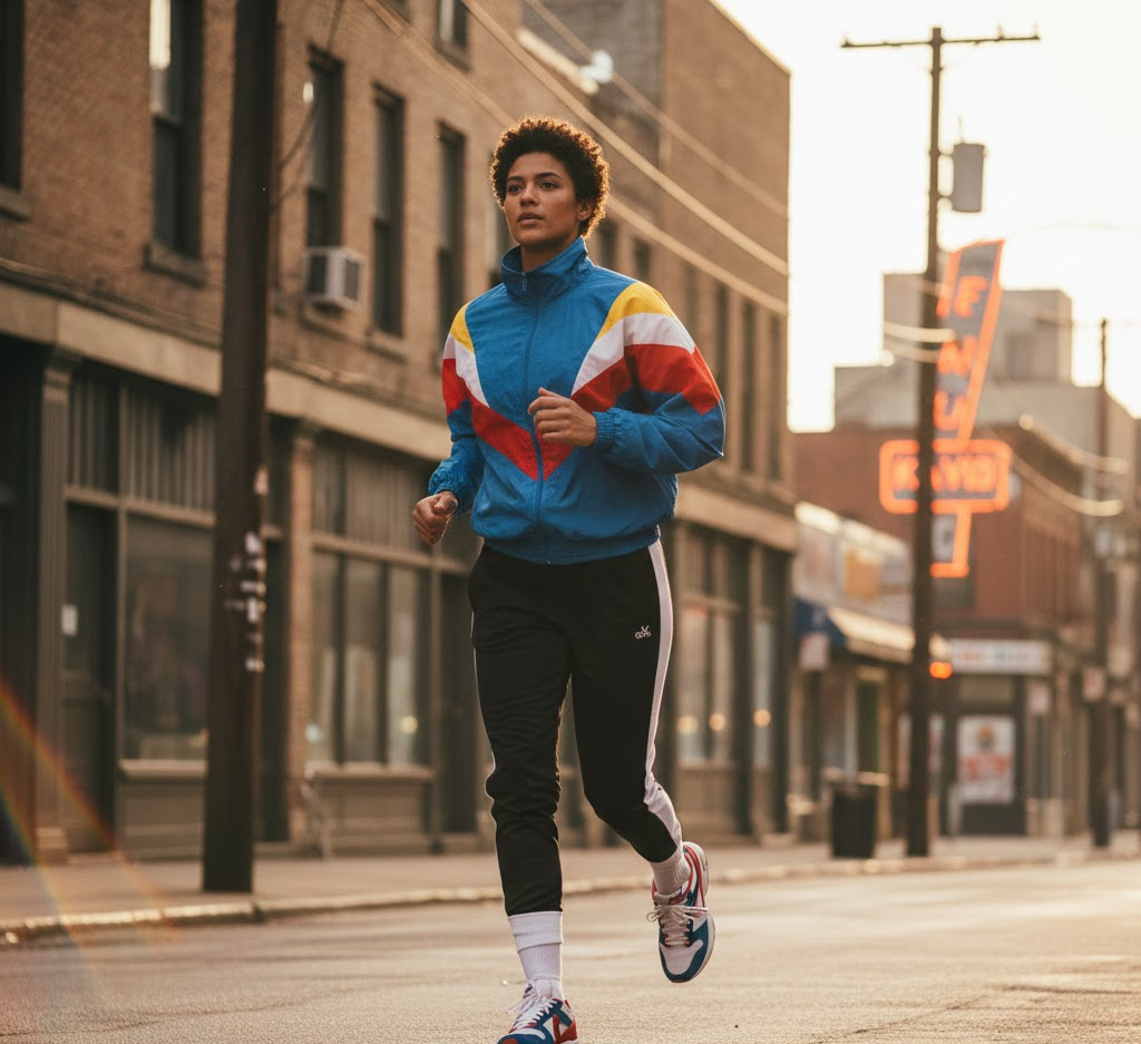 Person jogging in retro track jacket and vintage sneakers on an urban street