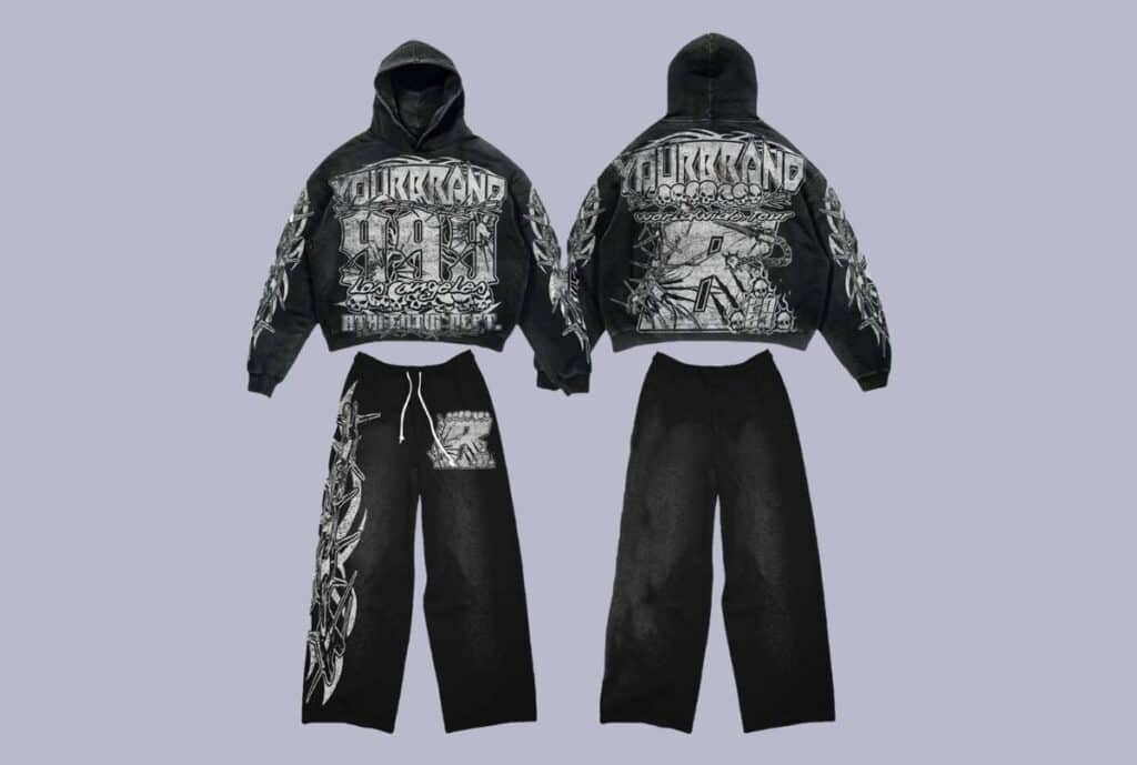 “Low MOQ sweatsuits available in the USA, featuring coordinated hoodies and joggers for men and women, with customizable branding options.”