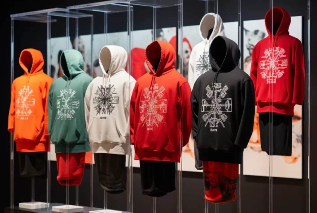 A high-end hoodie sample on a minimalist display stand, featuring premium fabric, precise stitching, and a sleek Manchester branding tag.