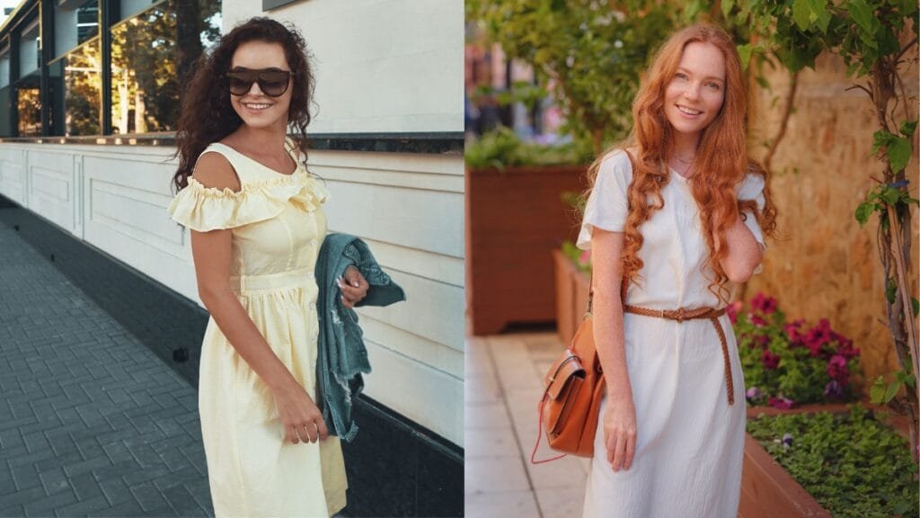 Two women wearing short sleeve midi dresses casual, one in yellow and the other in white, showcasing relaxed summer fashion