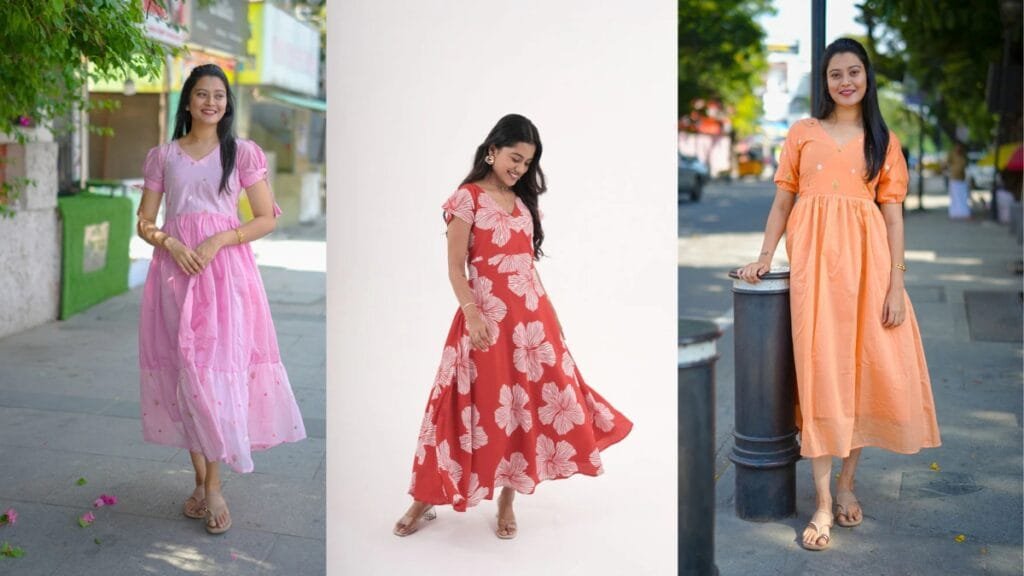 Women wearing different styles of tiered dress midi outfits in pink, red, and orange while walking outdoors