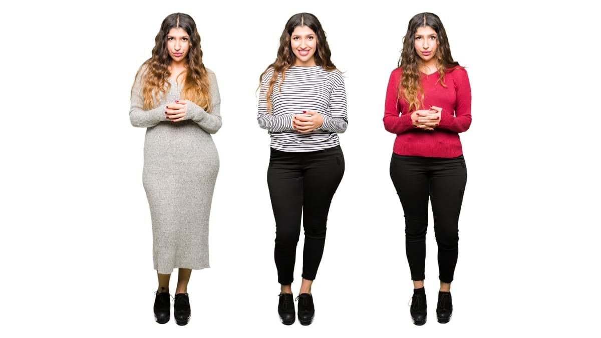 Women wearing a grey dress, striped top, and red sweater showcasing trending clothes for ladies.