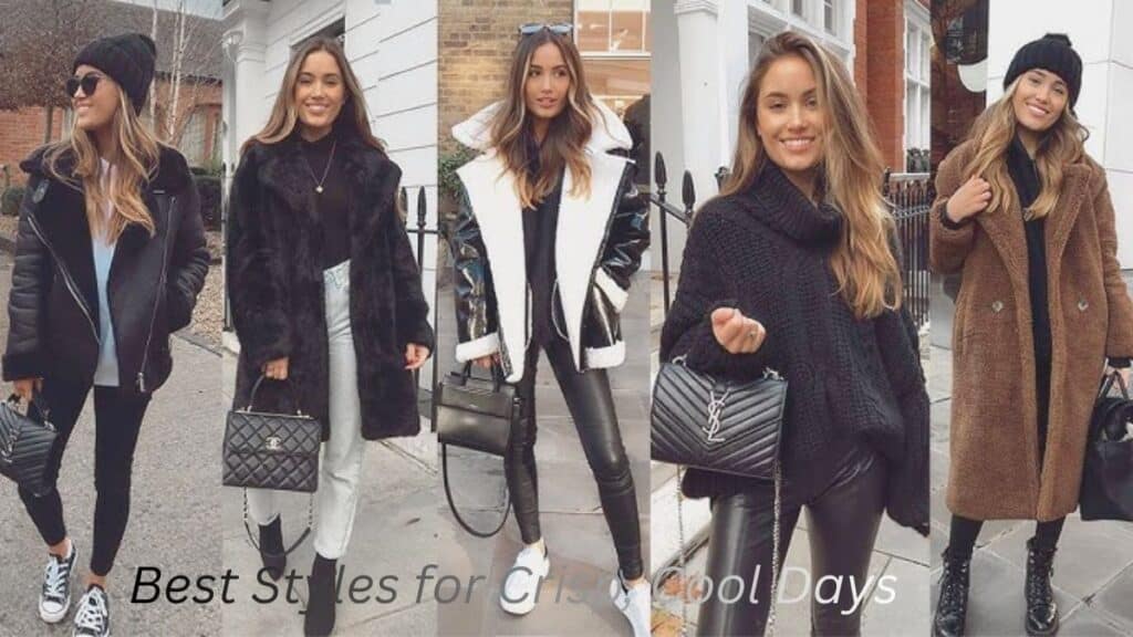 "Women dressed in stylish coats, sweaters, and boots, showcasing the best outfits for crisp, cool days."