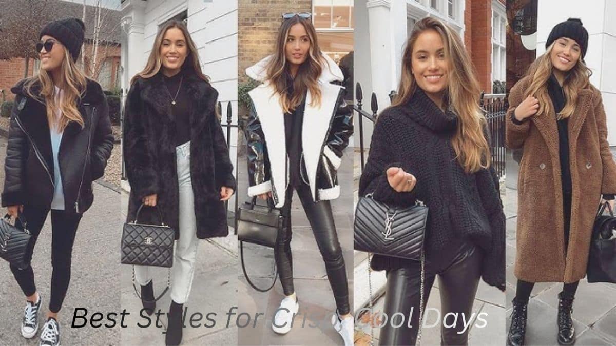 "Women dressed in stylish coats, sweaters, and boots, showcasing the best outfits for crisp, cool days."