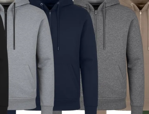 A row of men's hoodies in different colors (black, light gray, navy, heather gray, and taupe) hanging on a rack.