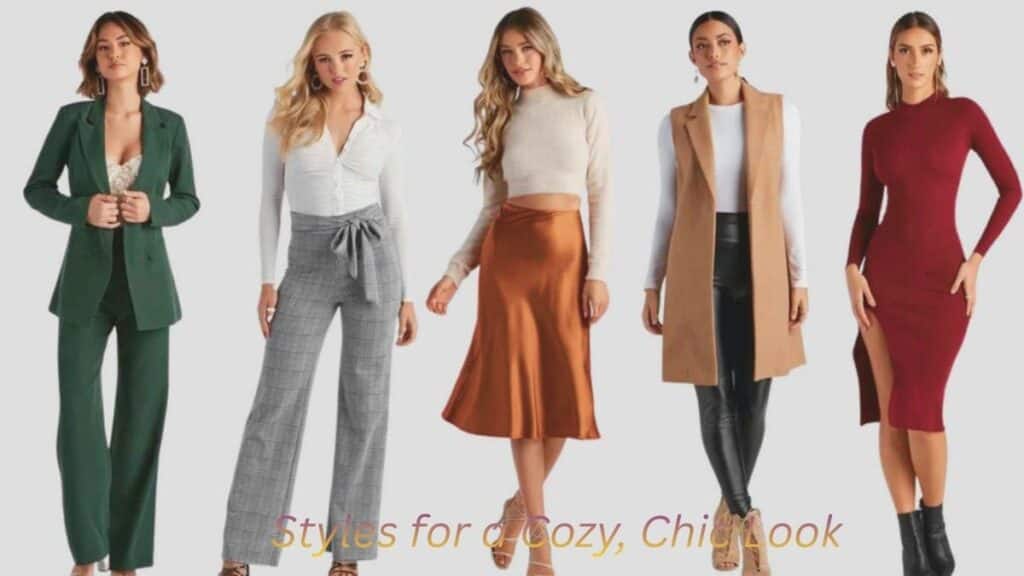 "Fashionable women wearing stylish outfits for a cozy and chic look, including blazers, skirts, and dresses."