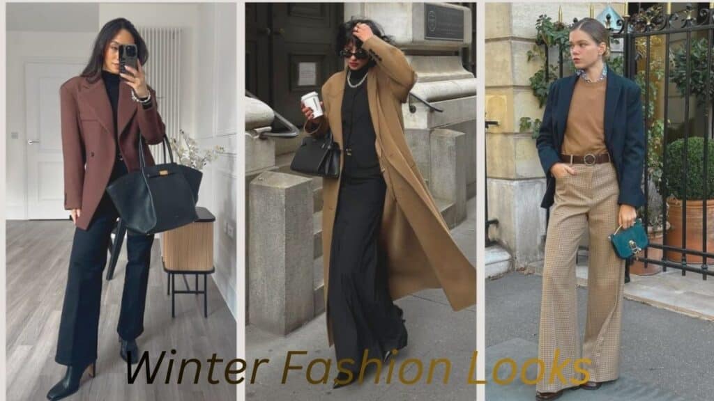 "Chic winter fashion looks featuring stylish coats, trousers, and accessories perfect for colder weather."