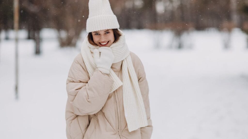 Woman standing outdoors in a snowy winter setting wearing a beige puffer jacket, white knitted hat, scarf, and gloves, smiling warmly.