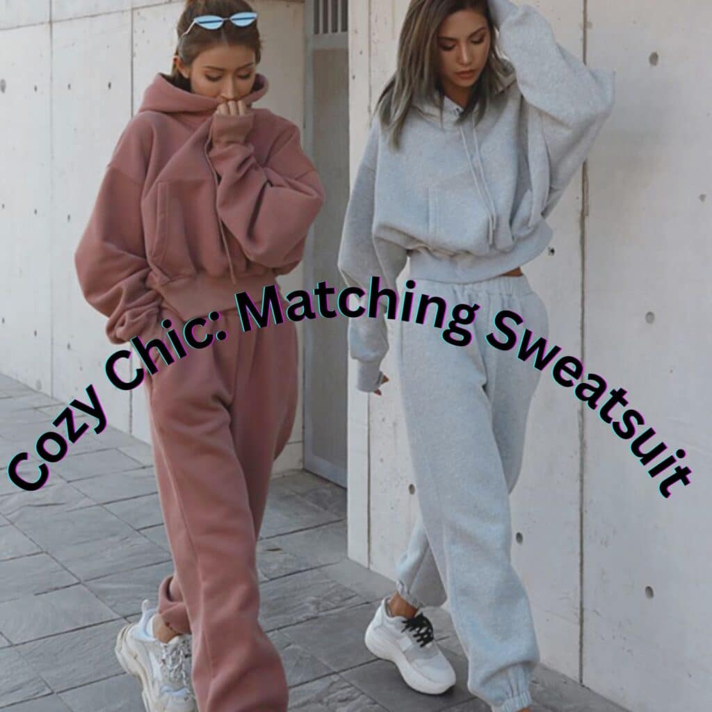 Two women wearing oversized hoodies and matching sweatpants in dusty pink and light gray, walking along a concrete wall.