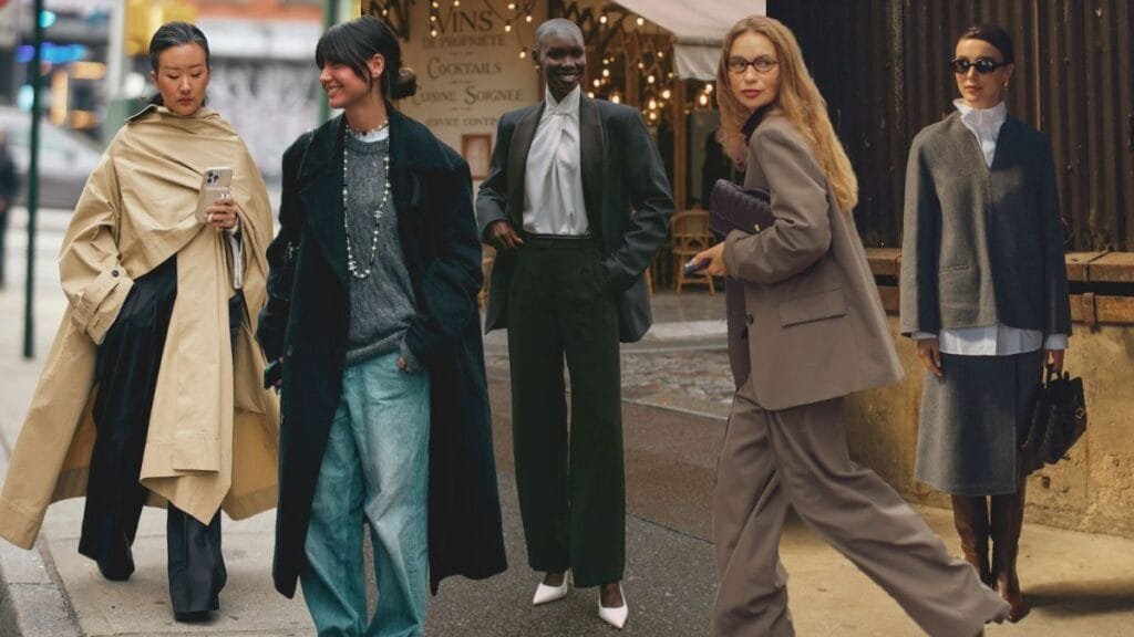 "Four women in stylish winter outfits: one wearing a beige trench coat and black pants, another in a black coat with a sweater and jeans, a third in a tailored suit with a white blouse, and the fourth in a gray coat with a skirt."