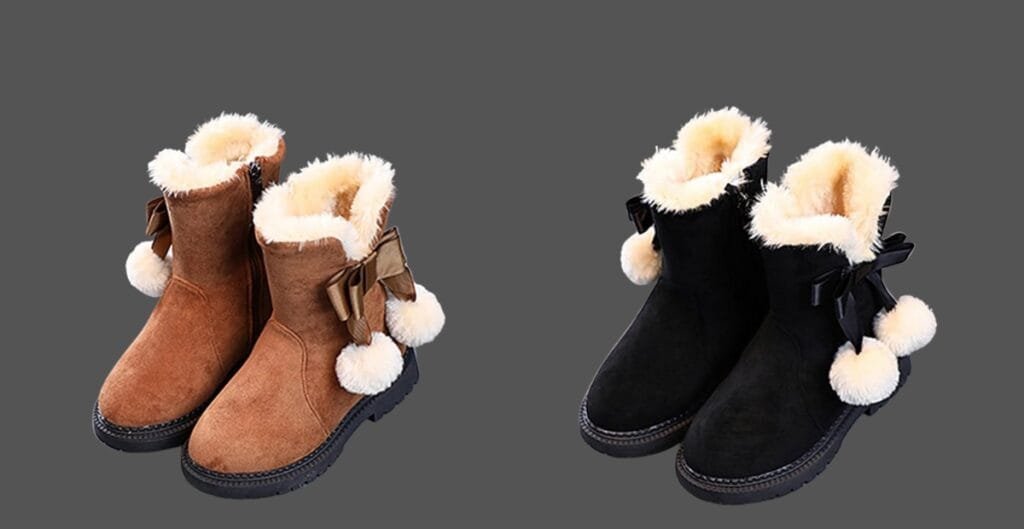 "A pair of chic ankle boots with plush lining, paired with a knit sweater and plaid skirt, set against a snowy backdrop."