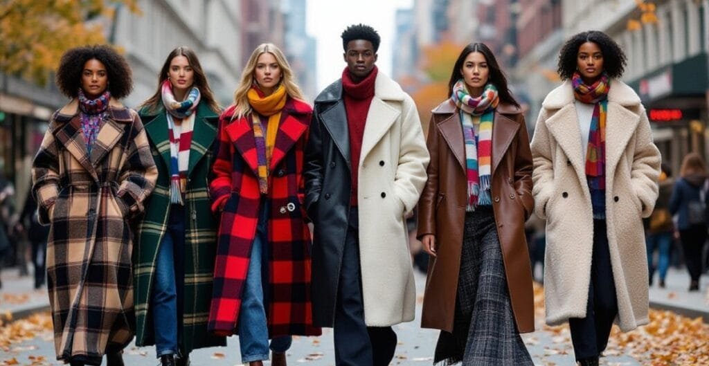 "A model wearing a sweeping, floor-length coat with a dramatic silhouette, photographed against a clean urban backdrop to showcase 2025’s trend toward elegant, elongated outerwear."