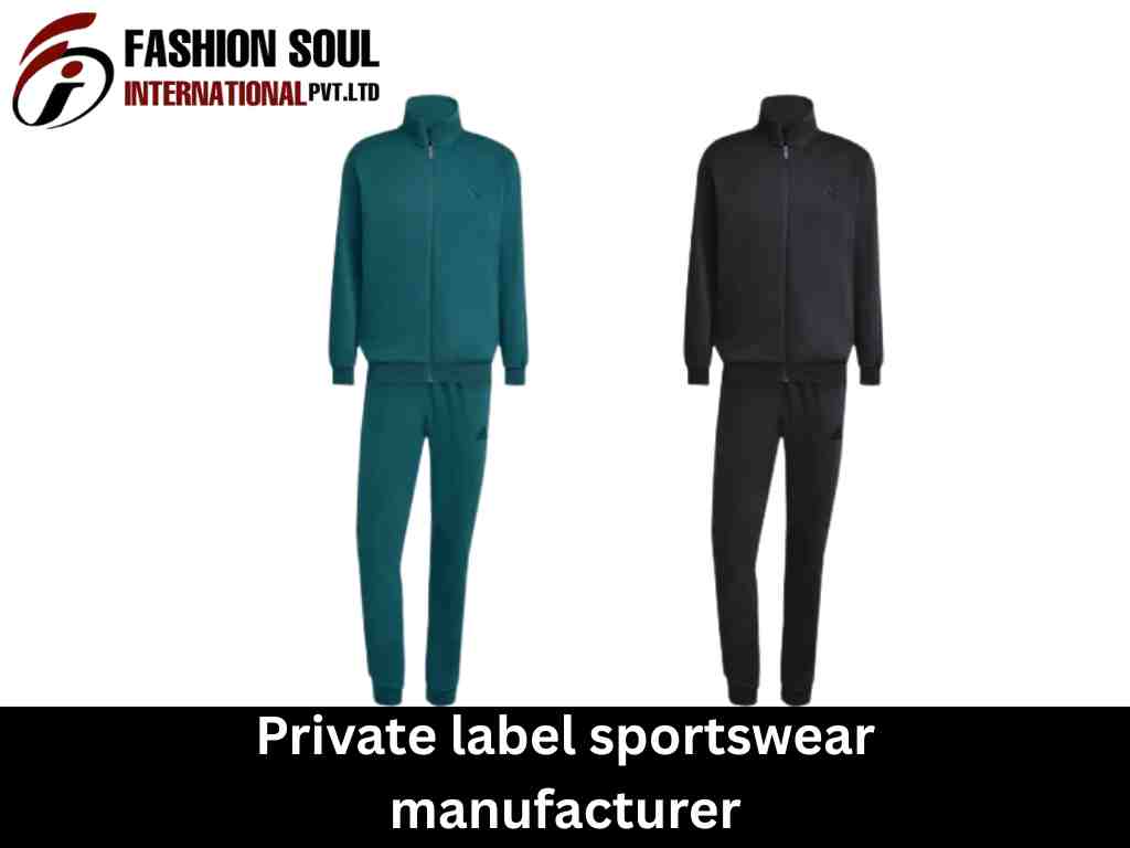 "Two full-body tracksuits on display: a teal-green tracksuit on the left and a black tracksuit on the right, with a logo and text reading 'FASHION SOUL INTERNATIONAL PVT. LTD' in the top-left corner and the phrase 'Private label sportswear manufacturer' at the bottom."