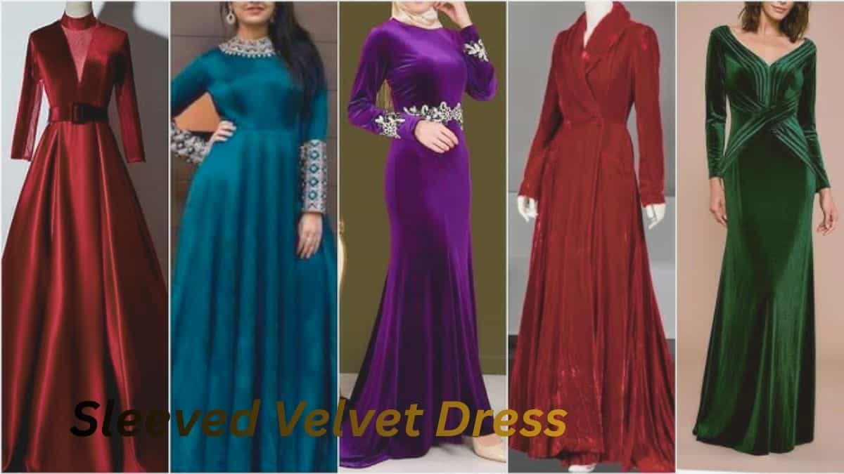 Elegant woman in a purple velvet frock with long sleeves, posing by a white fence."