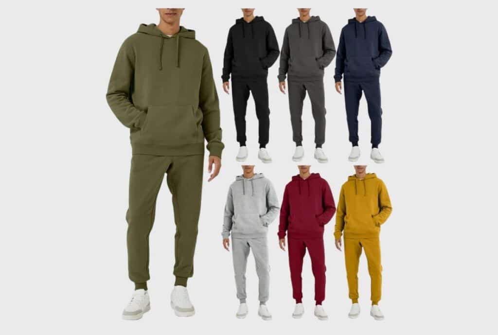 A warehouse with racks of neatly folded sweatsuits in bulk sizes, ready for bulk orders in Los Angeles.