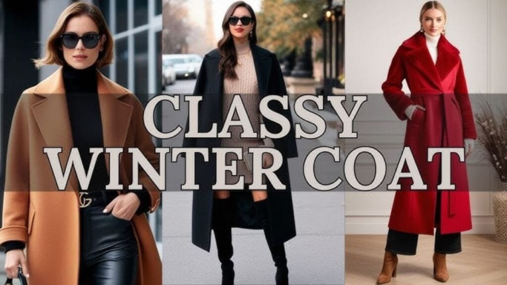"Three women in classy winter coats, each showcasing a different style."