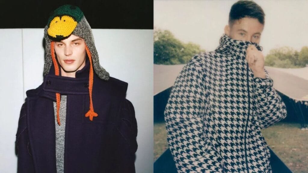 Two men showcasing winter fashion; one wearing a playful crochet animal hat with a dark coat, and the other wearing a houndstooth-patterned winter jacket while partially covering his face outdoors.
