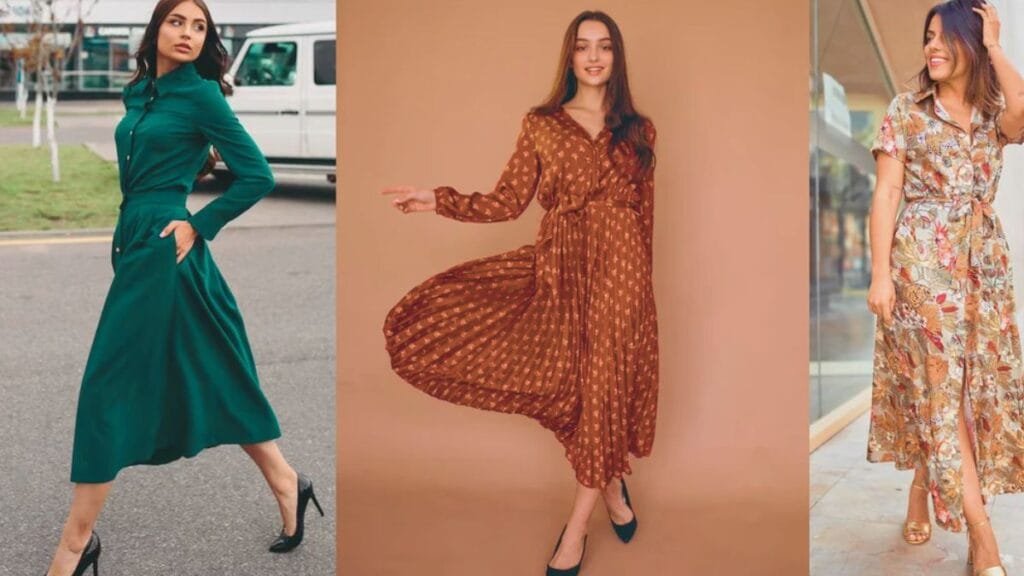 Three women wearing stylish dresses: a green button-down dress, a brown patterned pleated dress, and a floral wrap dress.