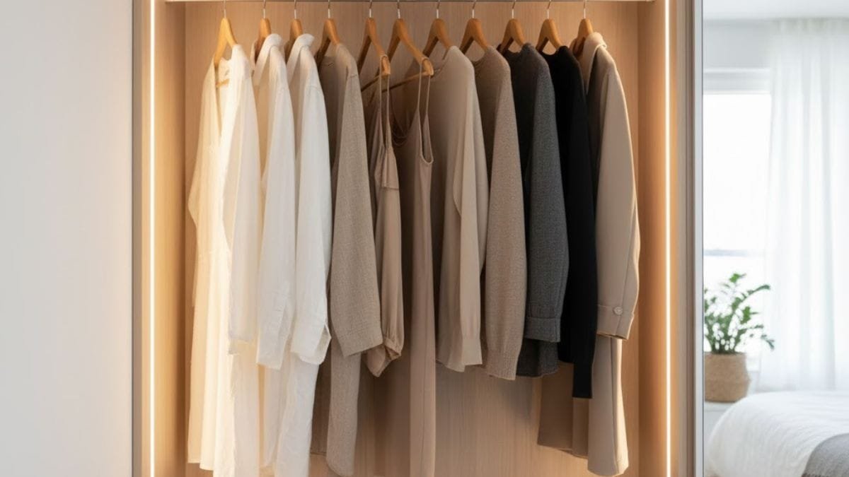 Organized neutral-toned capsule wardrobe hanging neatly in a minimalist closet