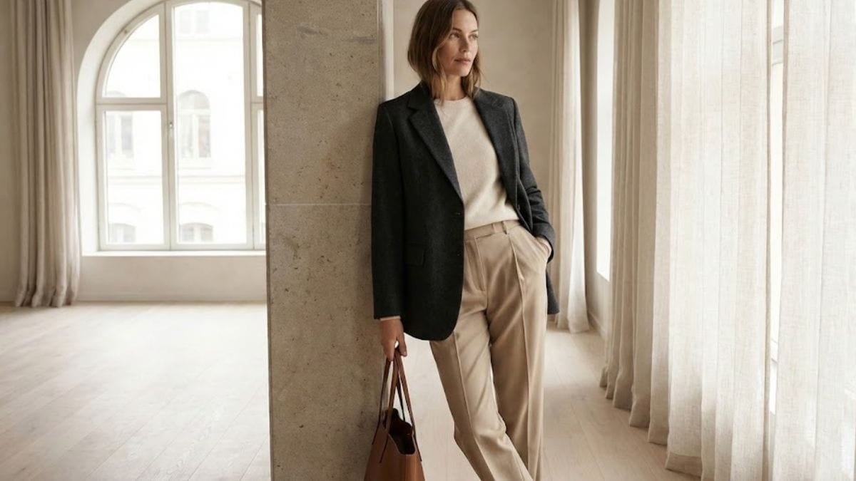 Woman wearing luxury basics wardrobe in neutral tones