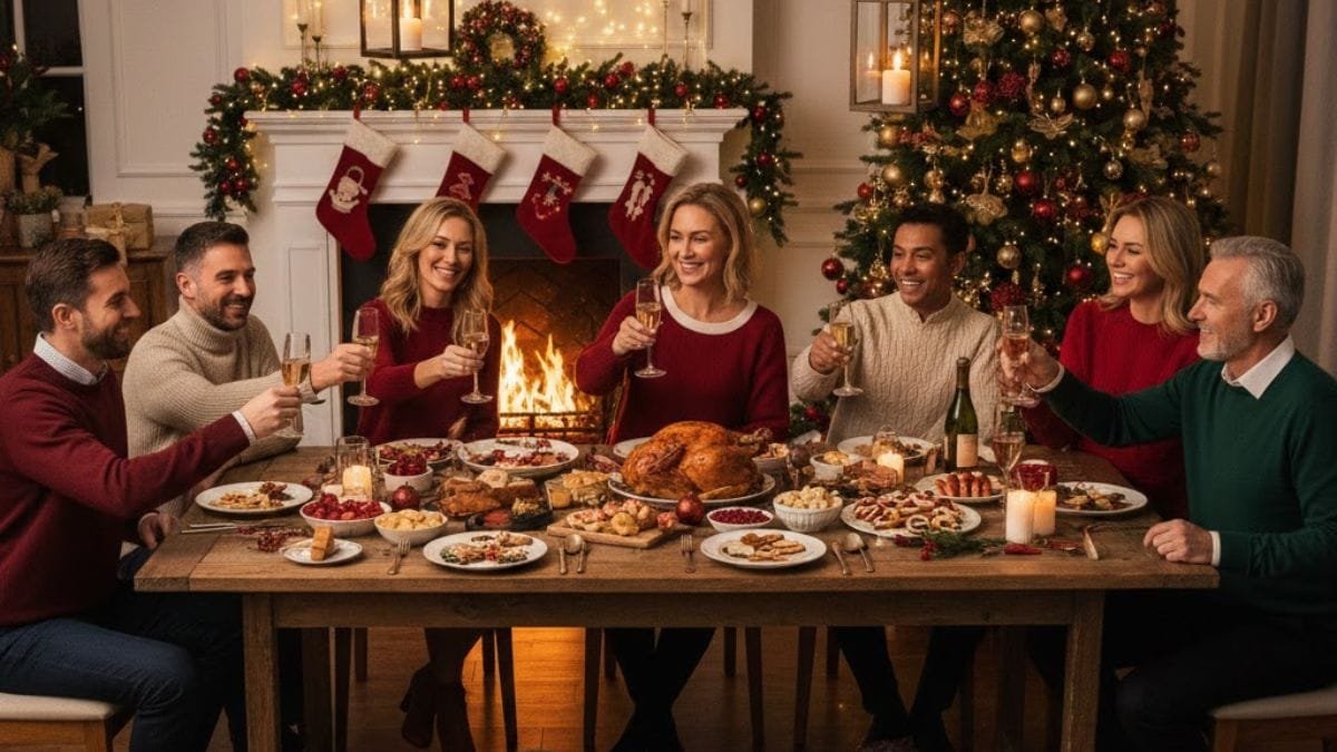 family and friends enjoying festive season celebrations with decorations, food, and joy