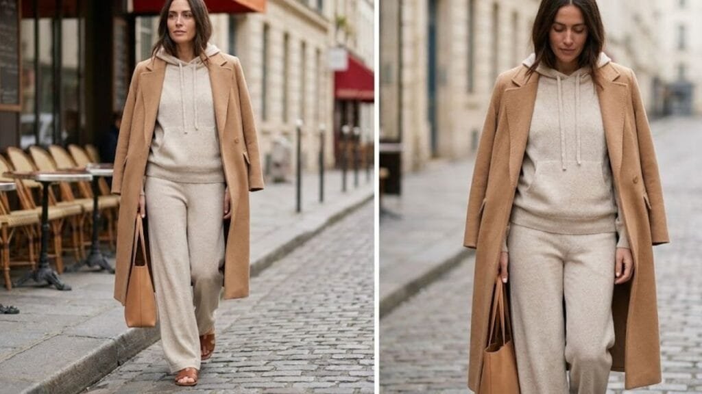 Model wearing luxury loungewear styled with minimal accessories for an outdoor look