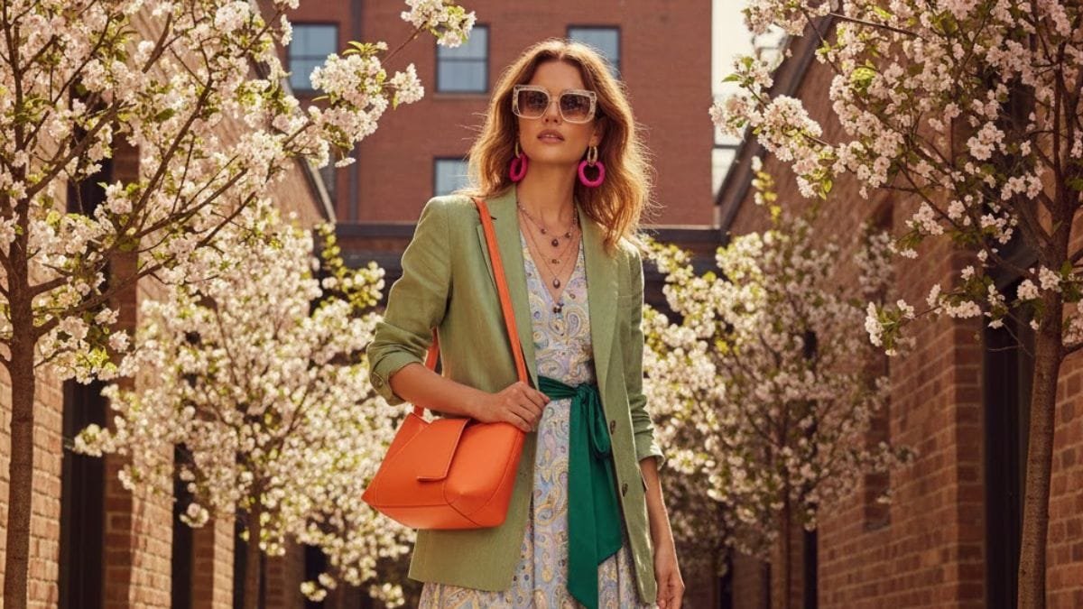 woman wearing pastel and vibrant spring outfit with layered accessories and stylish footwear