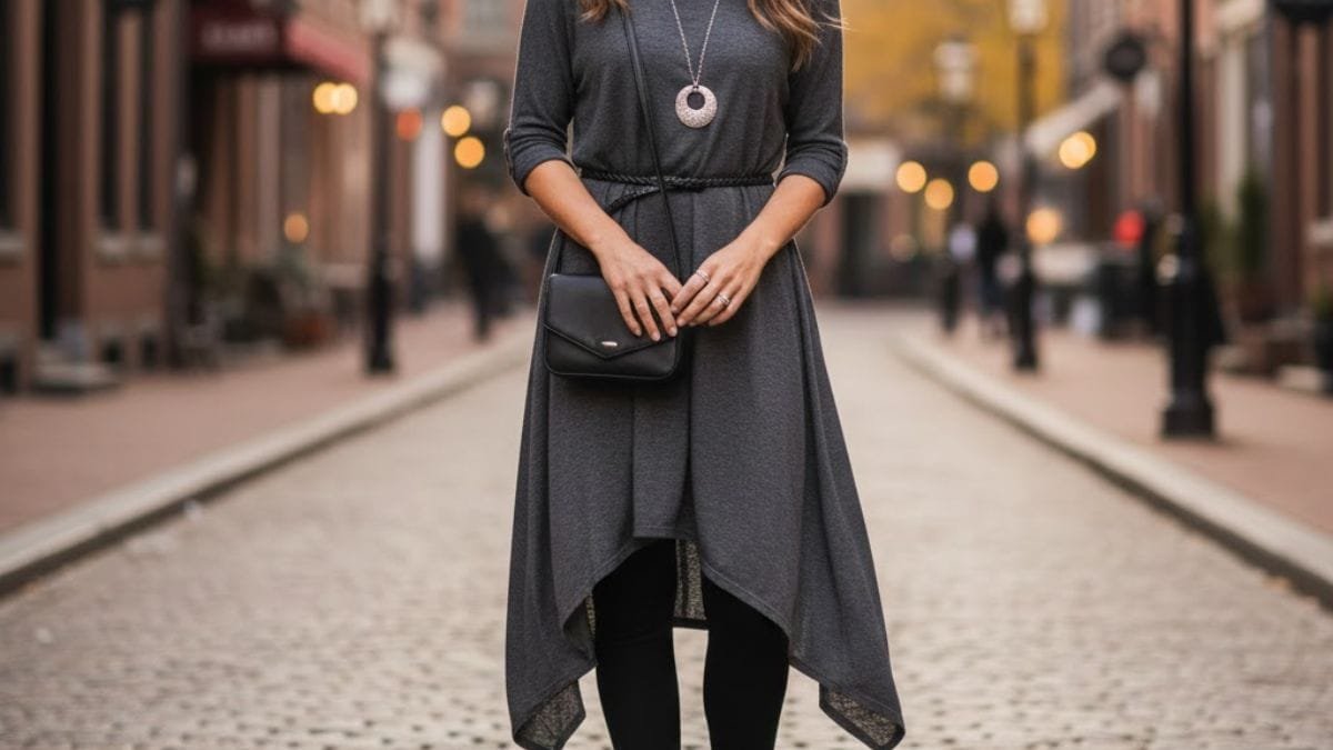 leggings styled under a long tunic with boots