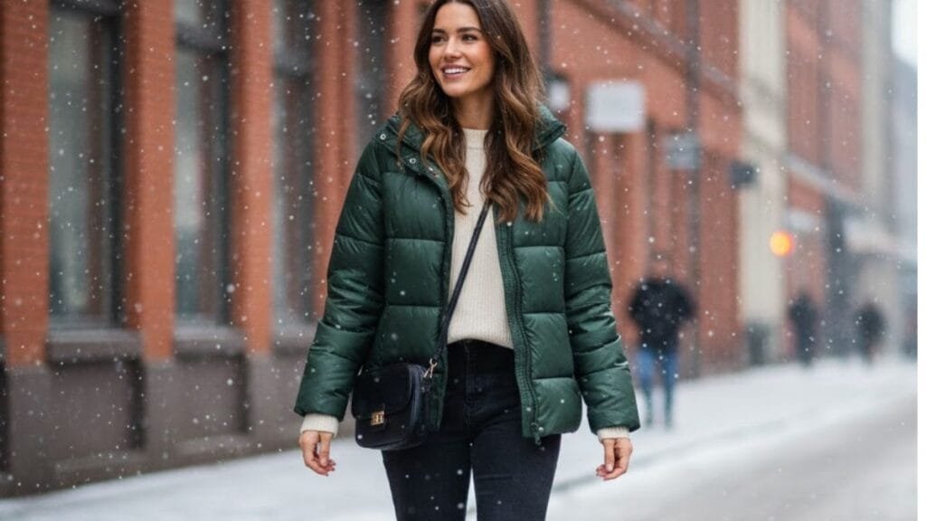 woman wearing a puffer jacket with jeans and boots