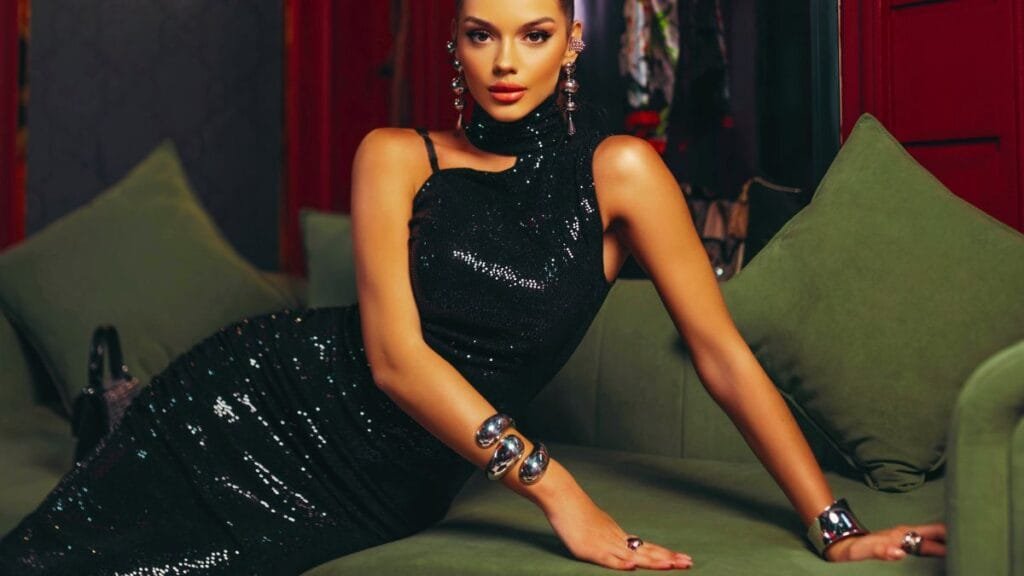 Woman wearing a sparkling black plus-size dress, adorned with shiny silver bracelets and earrings, reclining on a green sofa in a luxurious setting.