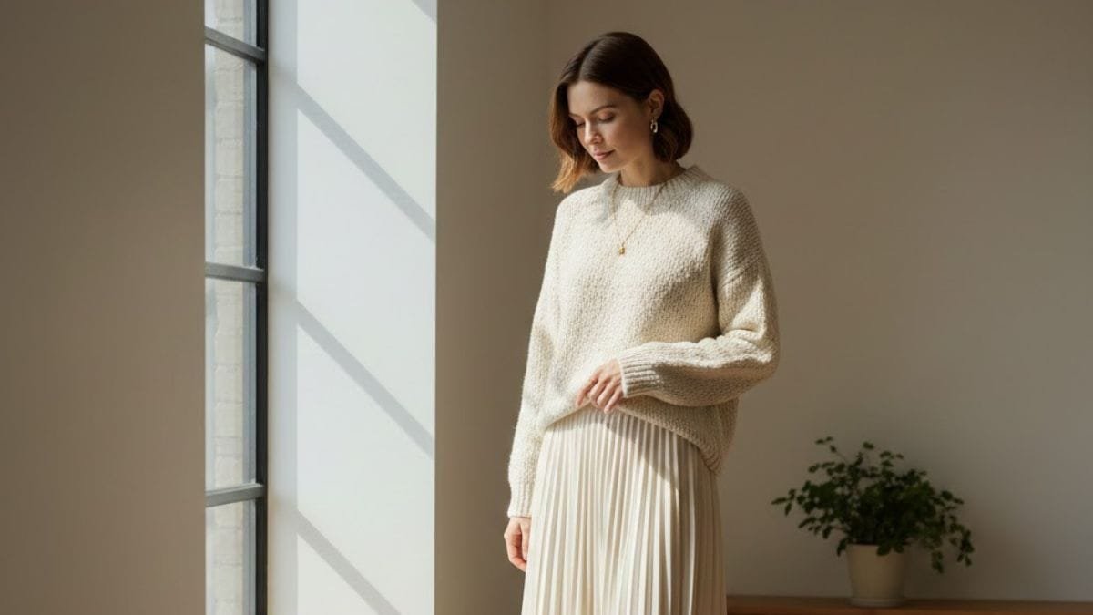 Woman in clean girl Winter style cream knit sweater standing near a window in soft morning light