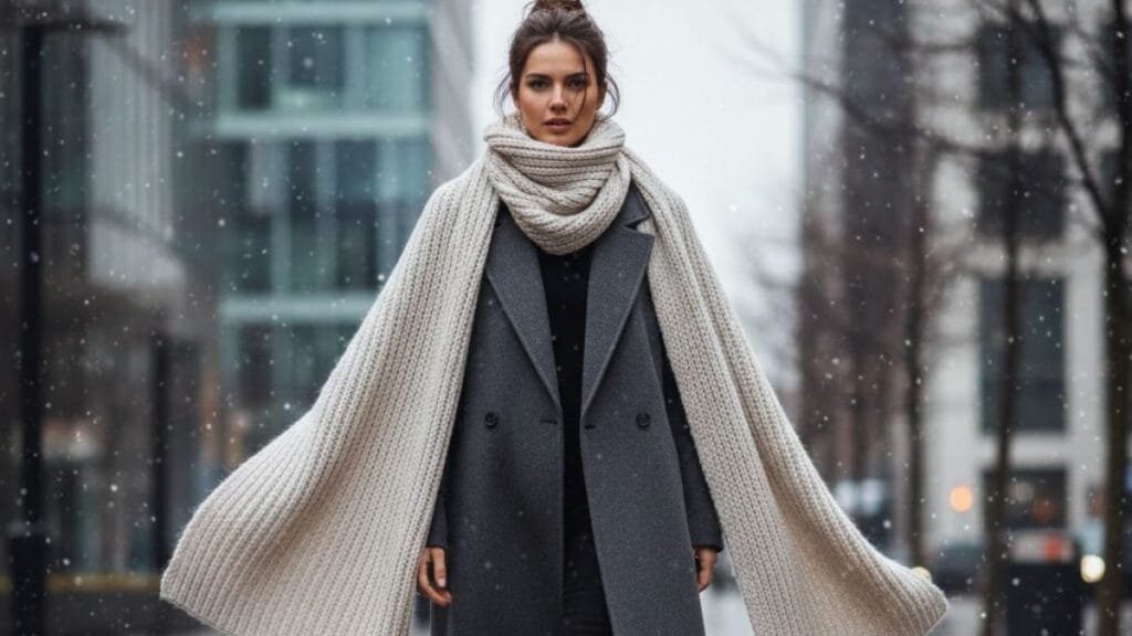 Woman with oversized scarf Styling wool scarf styled over a long winter coat