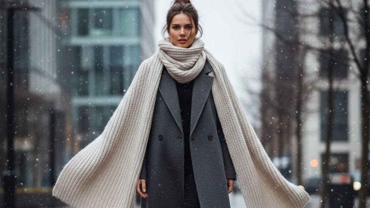 Woman with oversized scarf Styling wool scarf styled over a long winter coat