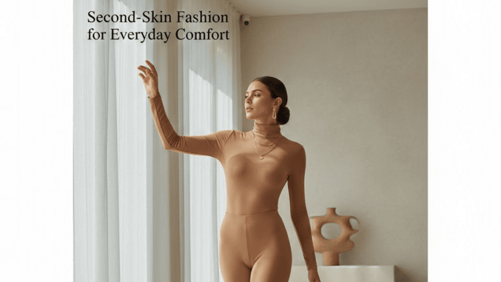 Woman wearing second-skin fashion outfit with soft fitted silhouette
