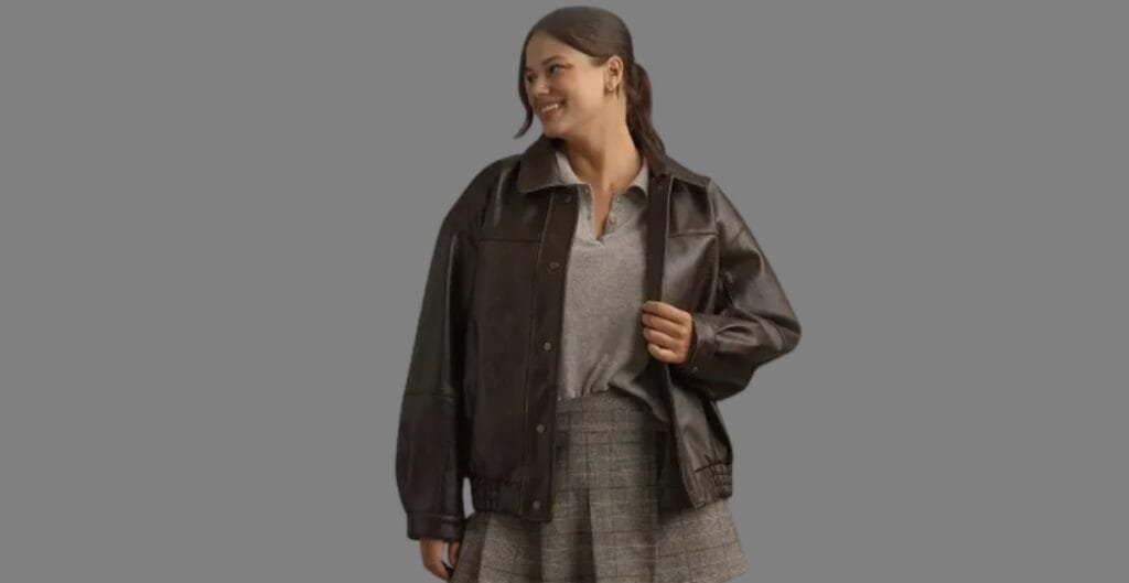 "A row of winter coats in vegan leather finishes, ranging from matte to glossy, highlighting ethical material trends for 2025."