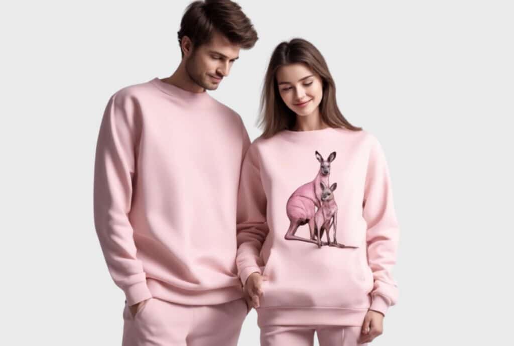 A stack of neatly folded grey and black sweatsuits with a small label reading “Private Label” on the sleeve, with a LA skyline in the background.