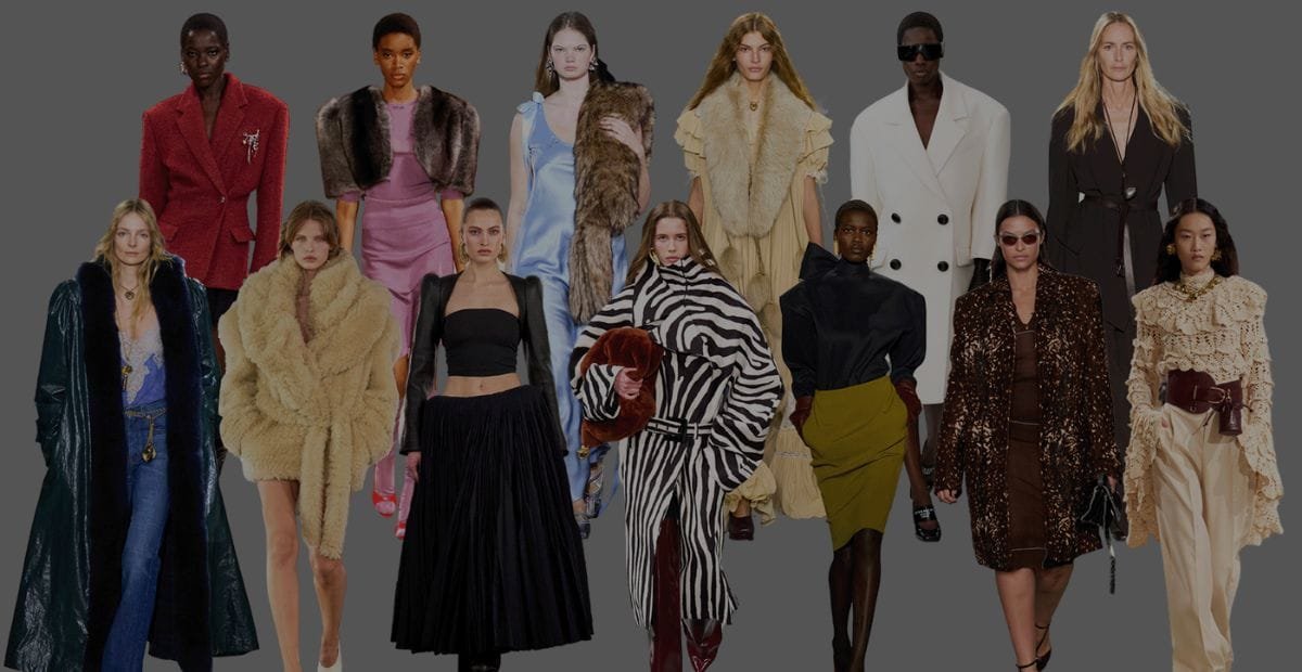 A fashion-forward winter ensemble featuring a plush camel coat, chunky knit sweater, tailored wool trousers, and knee-high boots, set against a snowy urban backdrop.