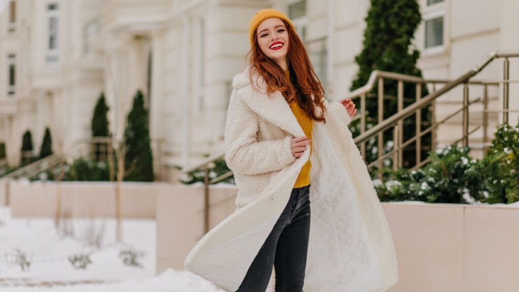 A young woman with red hair, wearing a white fluffy coat and yellow beanie, smiling while walking in the snow.