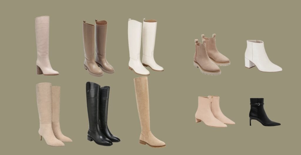 "A stylish winter outfit featuring sleek leather ankle boots with chunky tread, paired with a wool coat and knit scarf against a snowy urban backdrop."